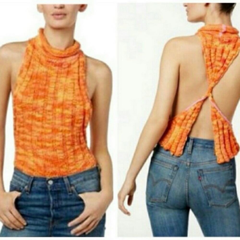 Free People Laguna Cowl Backless Sleeveless Sweater Orange Combo XS